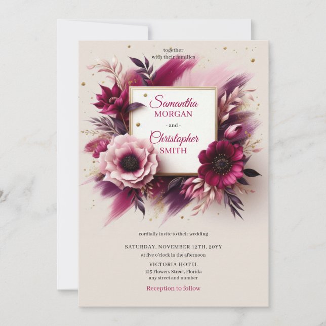 Invitation Fleurs bourguignonnes opulentes et mariage à cadre (Devant)