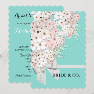 Invitation Fleurs BRIDE & treillis Turquoise douche bleue