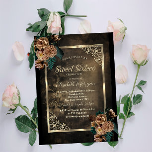 Invitation Fleurs Brown Gold Frame Gothique Sweet 16