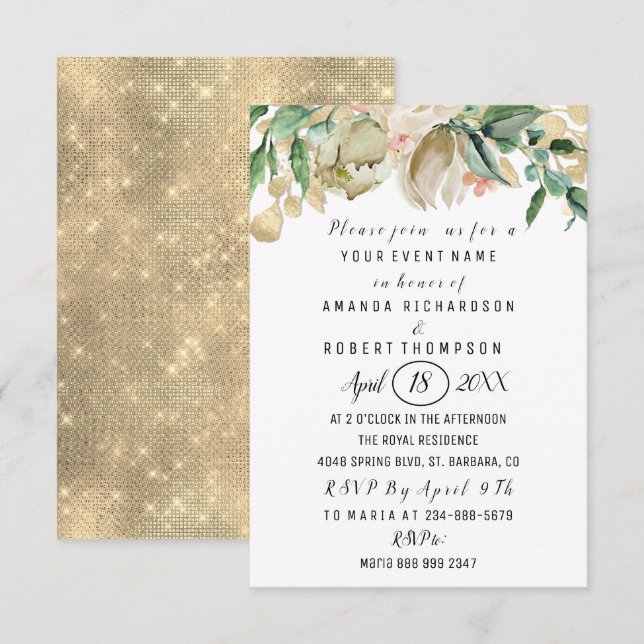 Invitation Fleurs Brunch Mint Vert or Aquarelle Blanc (Devant / Derrière)