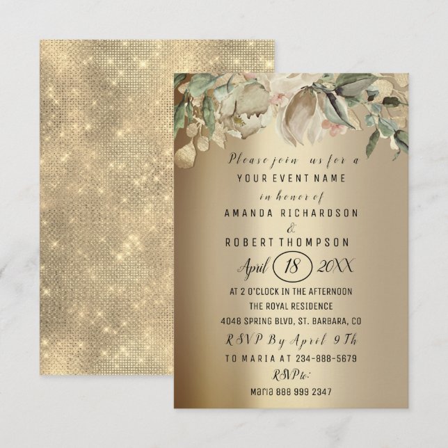 Invitation Fleurs Brunch Sepia Gold Mariage Anniversaire (Devant / Derrière)