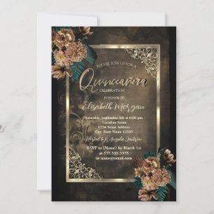 Invitation Fleurs brunes cadre doré gothique Quinceañera