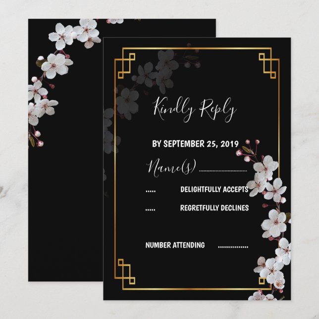 Invitation Fleurs cerises blanches et cadre doré RSVP (Devant / Derrière)