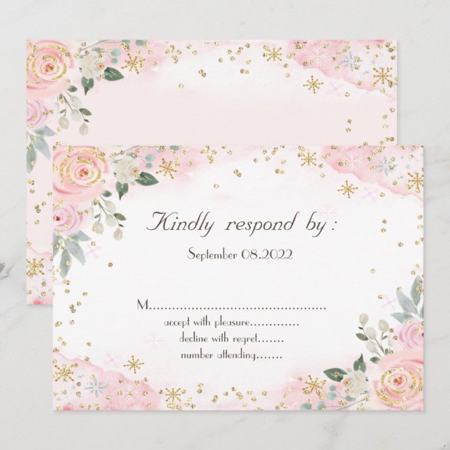 Invitation Fleurs chic aquarelle flocons de neige RSVP  (Devant / Derrière)