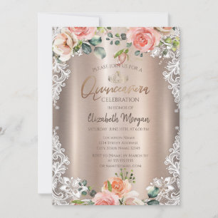 Invitation Fleurs Chic, Dentelle, Tiara Quinceañera