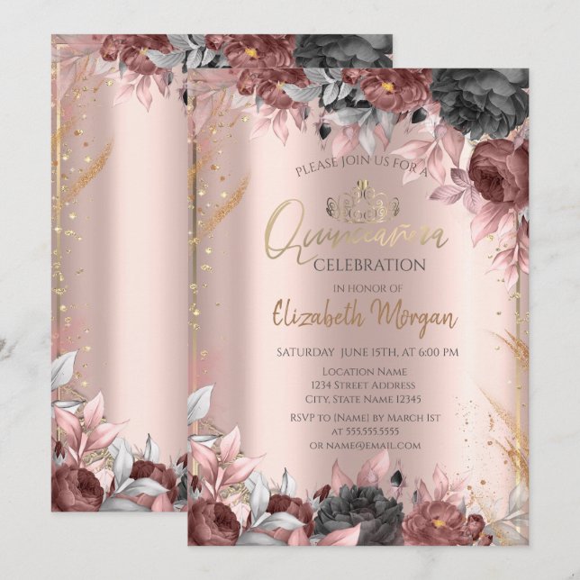 Invitation Fleurs Chic Tiara, Diamonds Rose or Quinceañera (Devant / Derrière)