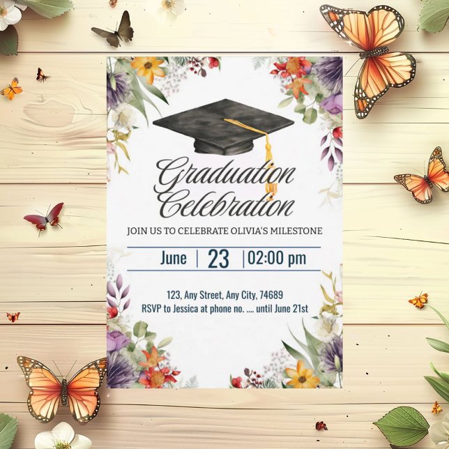 Invitation Fleurs colorées Casquette Topper Graduation Celebr (Créateur téléchargé)