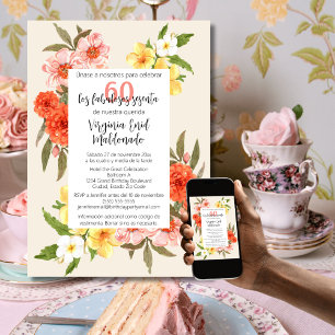Invitation Fleurs Colorées Espagnoles Cadre Blanc 60ème Anniv