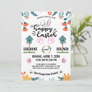 Invitation Fleurs colorées et oiseaux Fête de chasse aux oeuf