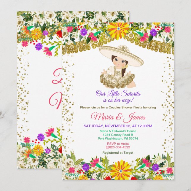 Invitation Fleurs colorées Mexicaine Fiesta Couples douche (Devant / Derrière)