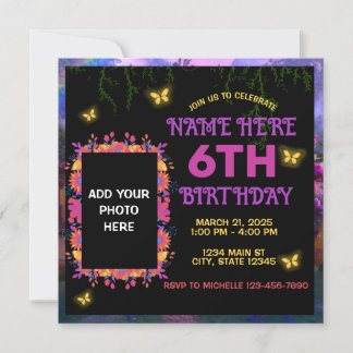 Invitation Fleurs colorées Pink Purple Papillon Anniversaire
