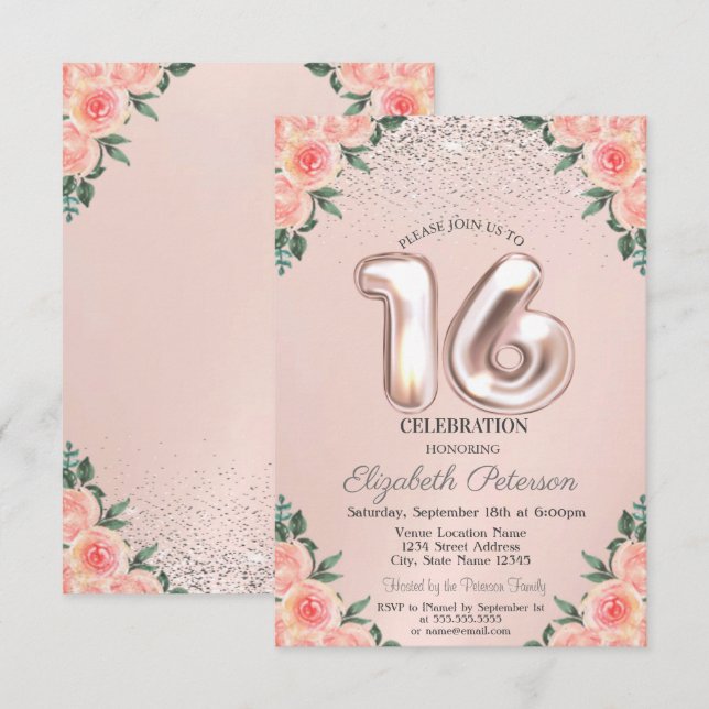 Invitation Fleurs Confetti élégantes et tendance Sweet 16 (Devant / Derrière)