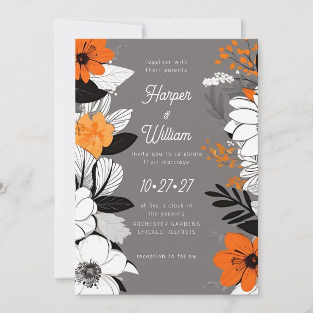 Invitation Fleurs contemporaines noir, blanc, orange mariage (Devant)