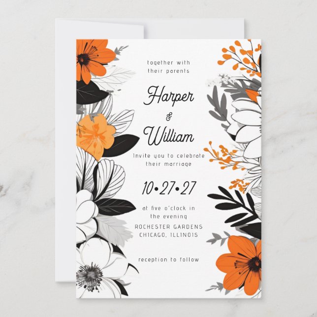 Invitation Fleurs contemporaines noir, blanc, orange mariage (Devant)