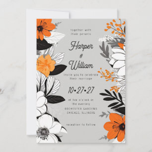 Invitation Fleurs contemporaines noir, blanc, orange mariage