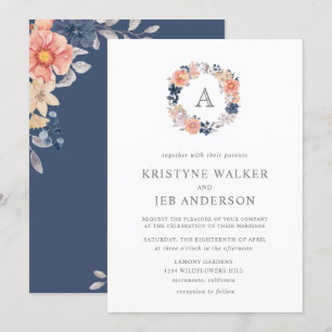 Invitation Fleurs corail et marine Mariage d'aquarelle Mono