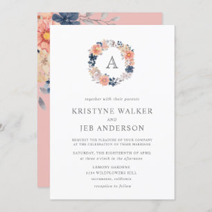 Invitation Fleurs corail et marine Mariage d'aquarelle Mono