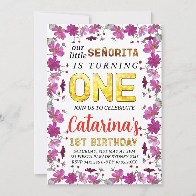 Invitation Fleurs Cosmos Fiesta inspiré 1er anniversaire (Devant)