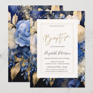 Invitation Fleurs Crème Bleu Marine Baptême