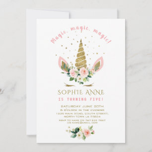 Invitation Fleurs Crème Rose Paillettes Or Licorne Anniversai