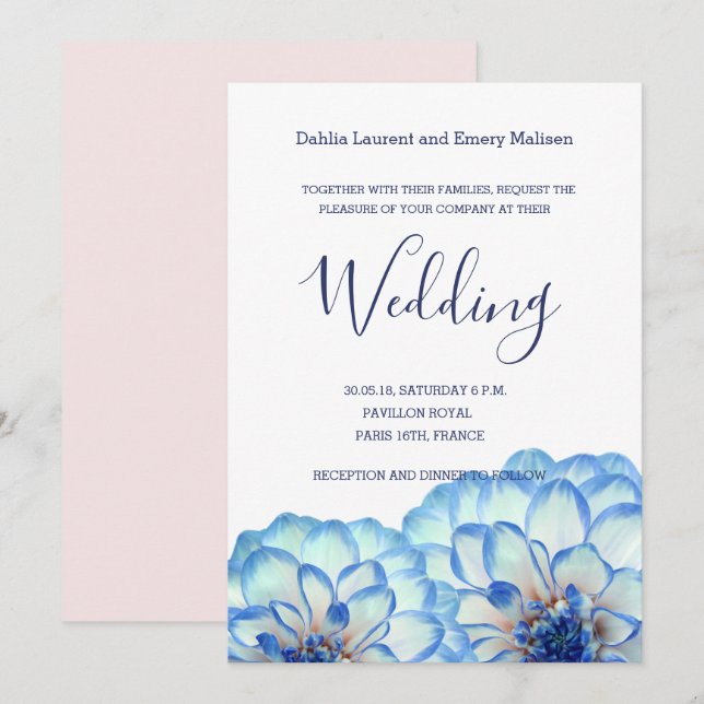 Invitation Fleurs Dahlia bleu blanc rose mariage (Devant / Derrière)