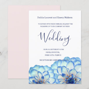 Invitation Fleurs Dahlia bleu blanc rose mariage