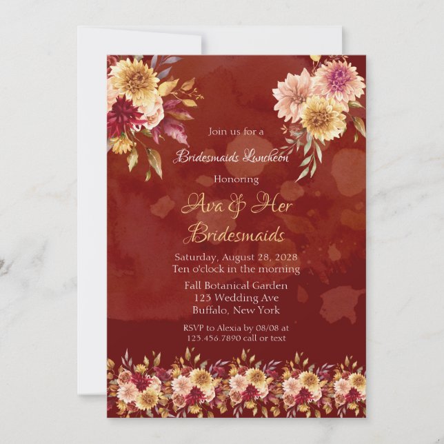 Invitation Fleurs Dahlia Rouge foncé Bridesmaids Déjeuner (Devant)