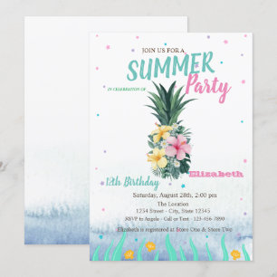 Invitation Fleurs d'ananas Coquillages fête d'anniversaire