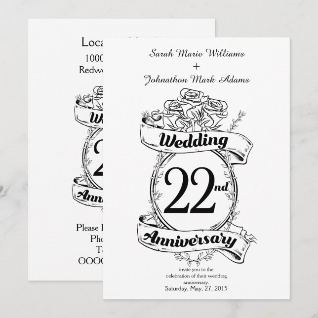 Invitation Fleurs d'anniversaire de mariage 22 ans (Devant / Derrière)