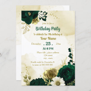 Invitation Fleurs d'anniversaire Emerald green ivoire or