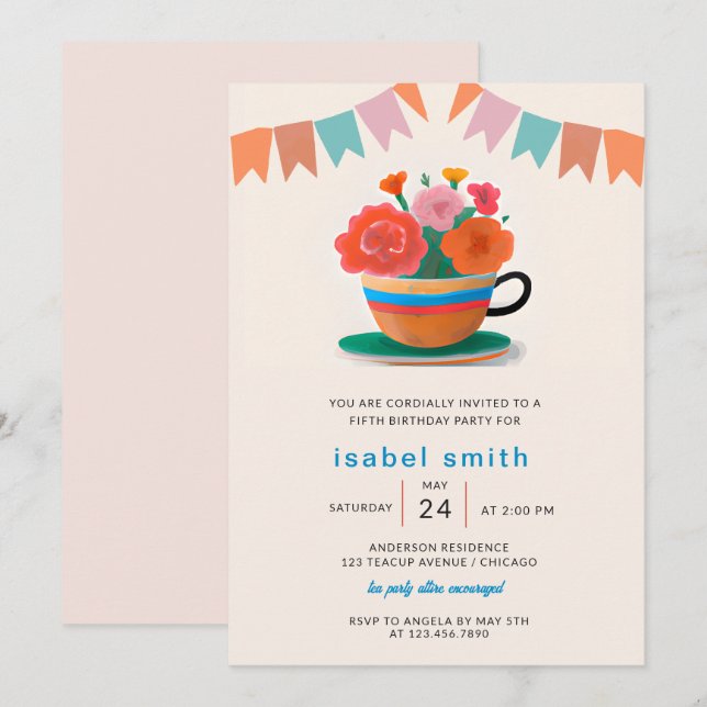 Invitation Fleurs dans un Teacup Anniversaire de enfant Party (Devant / Derrière)