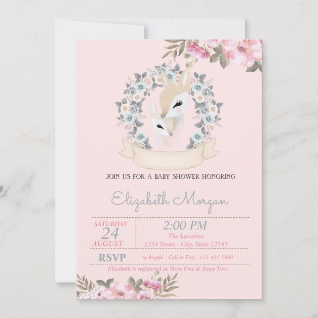 Invitation Fleurs d'aquarelle Baby shower de cerfs de bébés (Devant)