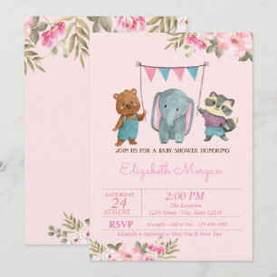 Invitation Fleurs d'aquarelle Baby shower pour bébés animaux
