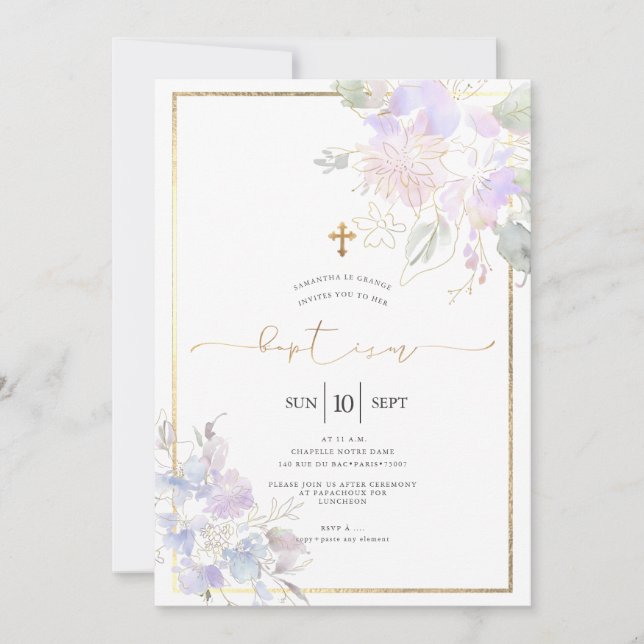 Invitation Fleurs d'aquarelle Baptême Dusty Lilac Pois doux (Devant)