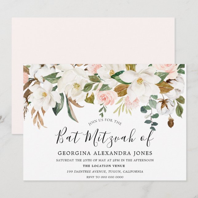 Invitation Fleurs d'aquarelle blanc et blanc Bat Mizvah (Devant / Derrière)