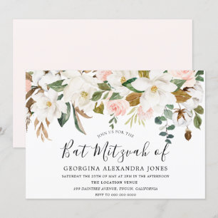 Invitation Fleurs d'aquarelle blanc et blanc Bat Mizvah