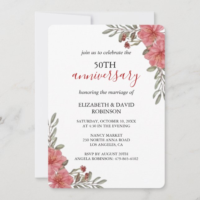 Invitation fleurs d'aquarelle blanc mariage 50e anniversaire (Devant)