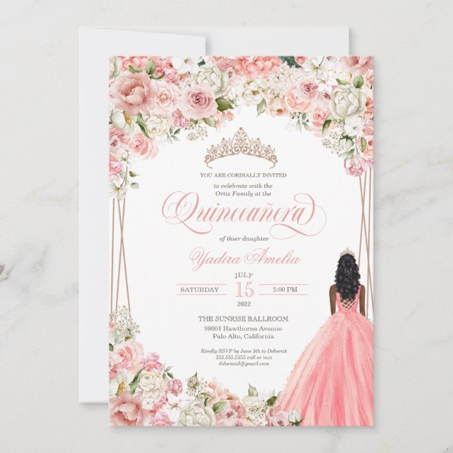 Invitation Fleurs d'aquarelle blanc rose pâle Quinceañera (Devant)