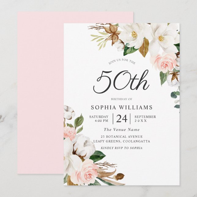 Invitation Fleurs d'aquarelle blanc rousse 50e fête d'anniver (Devant / Derrière)