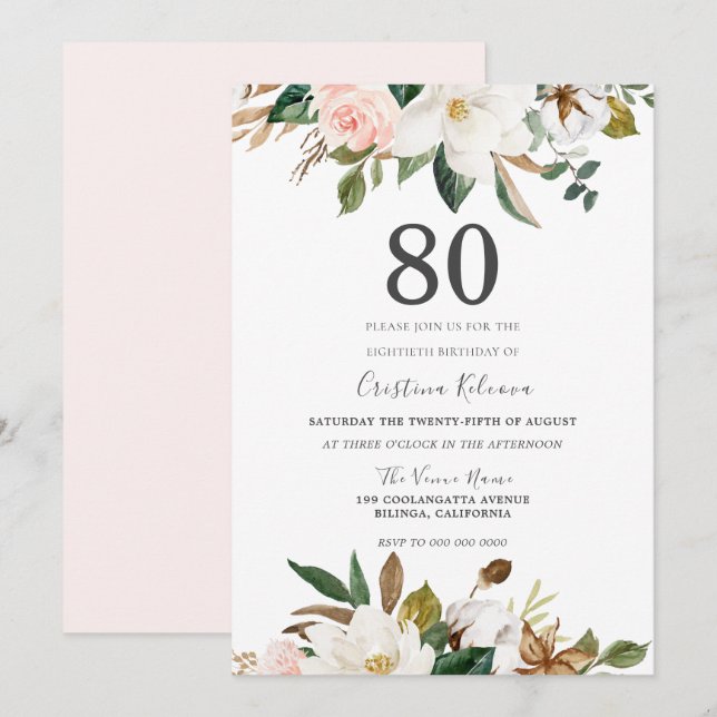 Invitation Fleurs d'aquarelle blanche et blanche 80e annivers (Devant / Derrière)