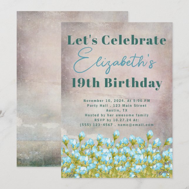 Invitation Fleurs d'aquarelle bleu Arrière - plan rustique (Devant / Derrière)