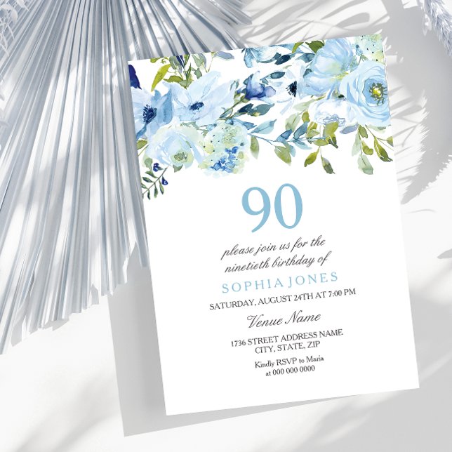 Invitation Fleurs d'aquarelle bleu ciel 90e fête d'anniversai (Créateur téléchargé)