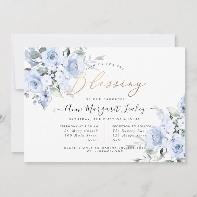 Invitation Fleurs d'aquarelle Bleu Dusty Roses Bénédiction (Devant)