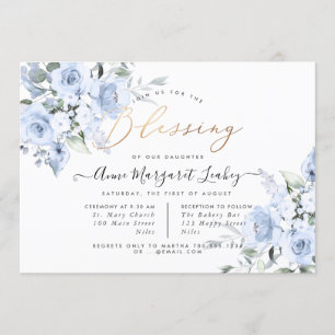 Invitation Fleurs d'aquarelle Bleu Dusty Roses Bénédiction
