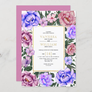 Invitation Fleurs d'aquarelle bleu et rose printemps mariage