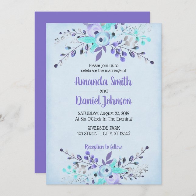 Invitation Fleurs d'aquarelle bleu et violet Roses (Devant / Derrière)