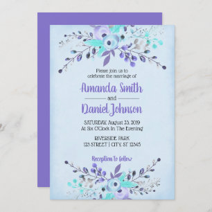 Invitation Fleurs d'aquarelle bleu et violet Roses