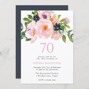 Invitation Fleurs d'aquarelle bleu marine 70e fête d'annivers