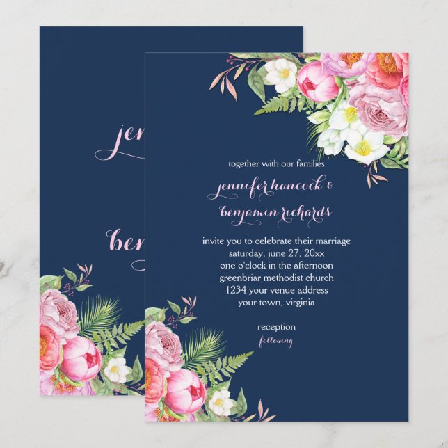 Invitation Fleurs d'aquarelle bleu marine rose Mariage (Devant / Derrière)