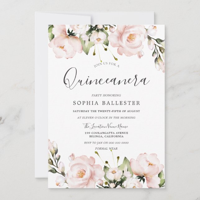 Invitation Fleurs d'aquarelle bleu Quinceanera 15e partie (Devant)